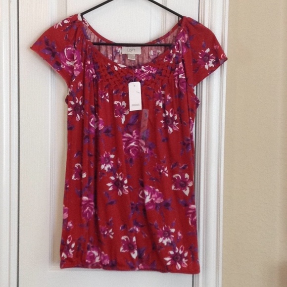 LOFT Tops - LOFT Red Purple Weave Collar Tee Elastic S